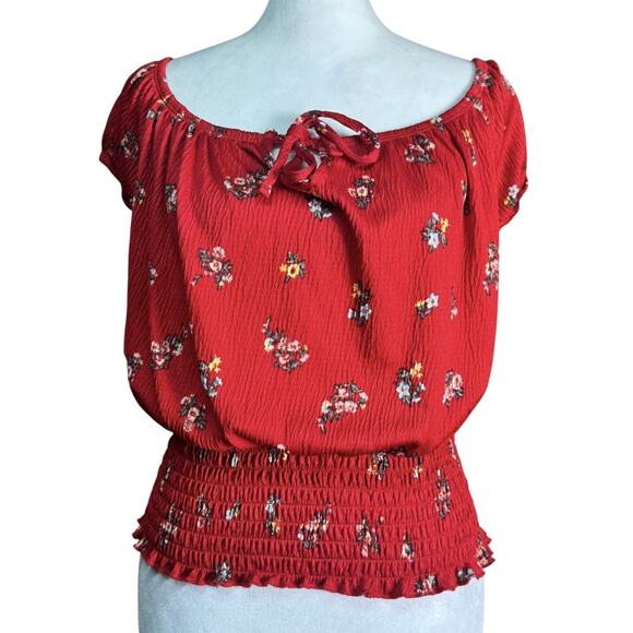 Y2K Rue21 Red Floral Smocked Peasant Top Boho Cottagecore Sz L Romantic Feminine - Picture 2 of 6